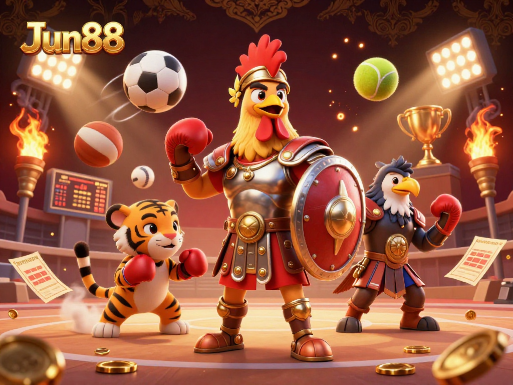 Experience thrilling action at Jun88 with a gladiator rooster and boxing tiger cub, encapsulating the excitement of online gambling.