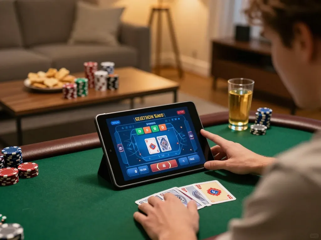 Player enjoying an exciting poker game on 23Win app in a cozy home setting.