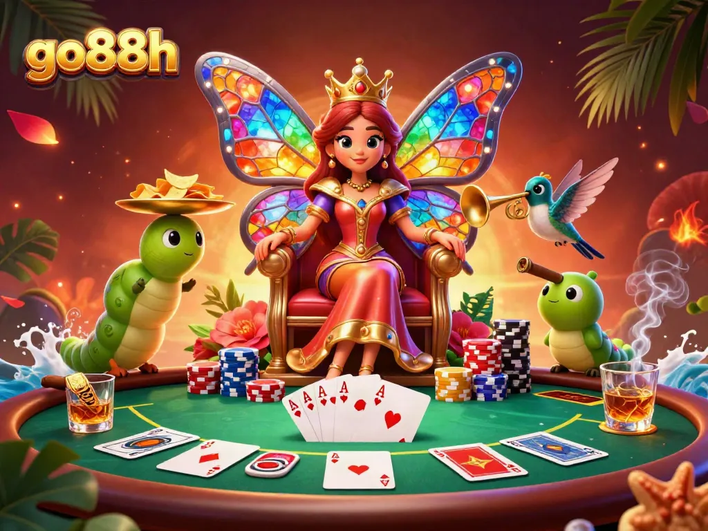 Engage with go88h's exciting poker games featuring a majestic butterfly queen and vibrant poker elements.