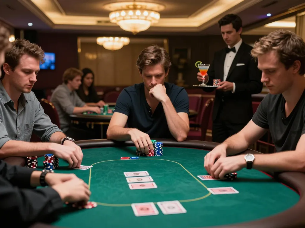 xi88 poker players strategizing their bets at an upscale casino table with colorful chips