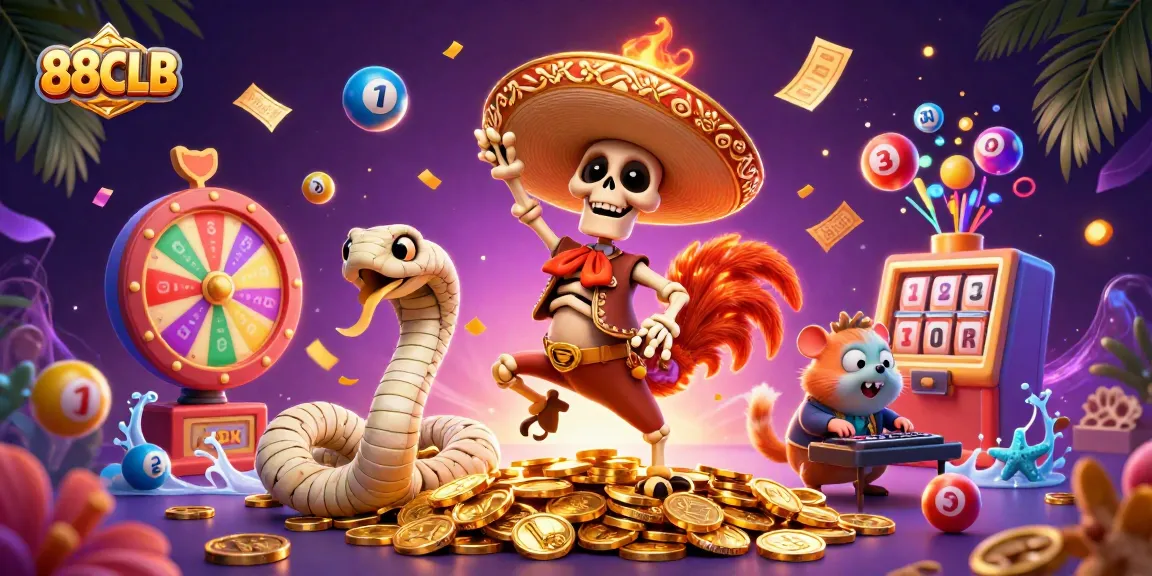88CLB showcases a festive scene with a dancing skeleton mariachi rooster, mummy snake, and DJ hamster amidst vibrant lottery elements.