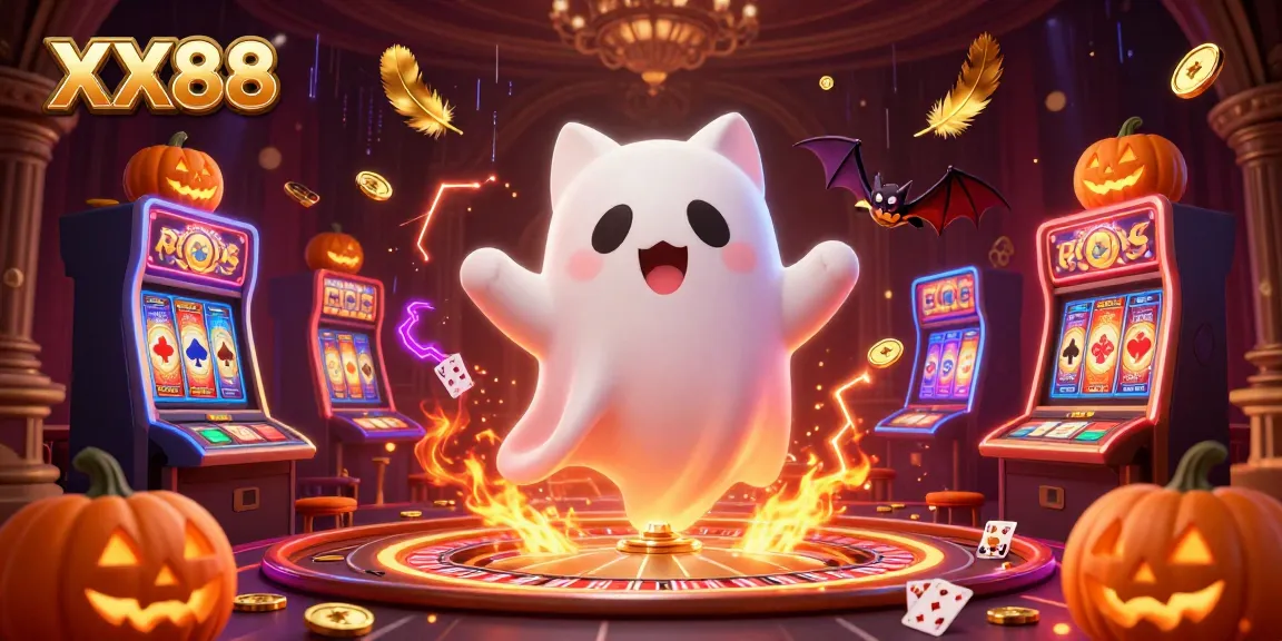 Experience thrilling casino adventures with XX88's vibrant gaming illustration featuring a friendly ghost cat and vampire bat.