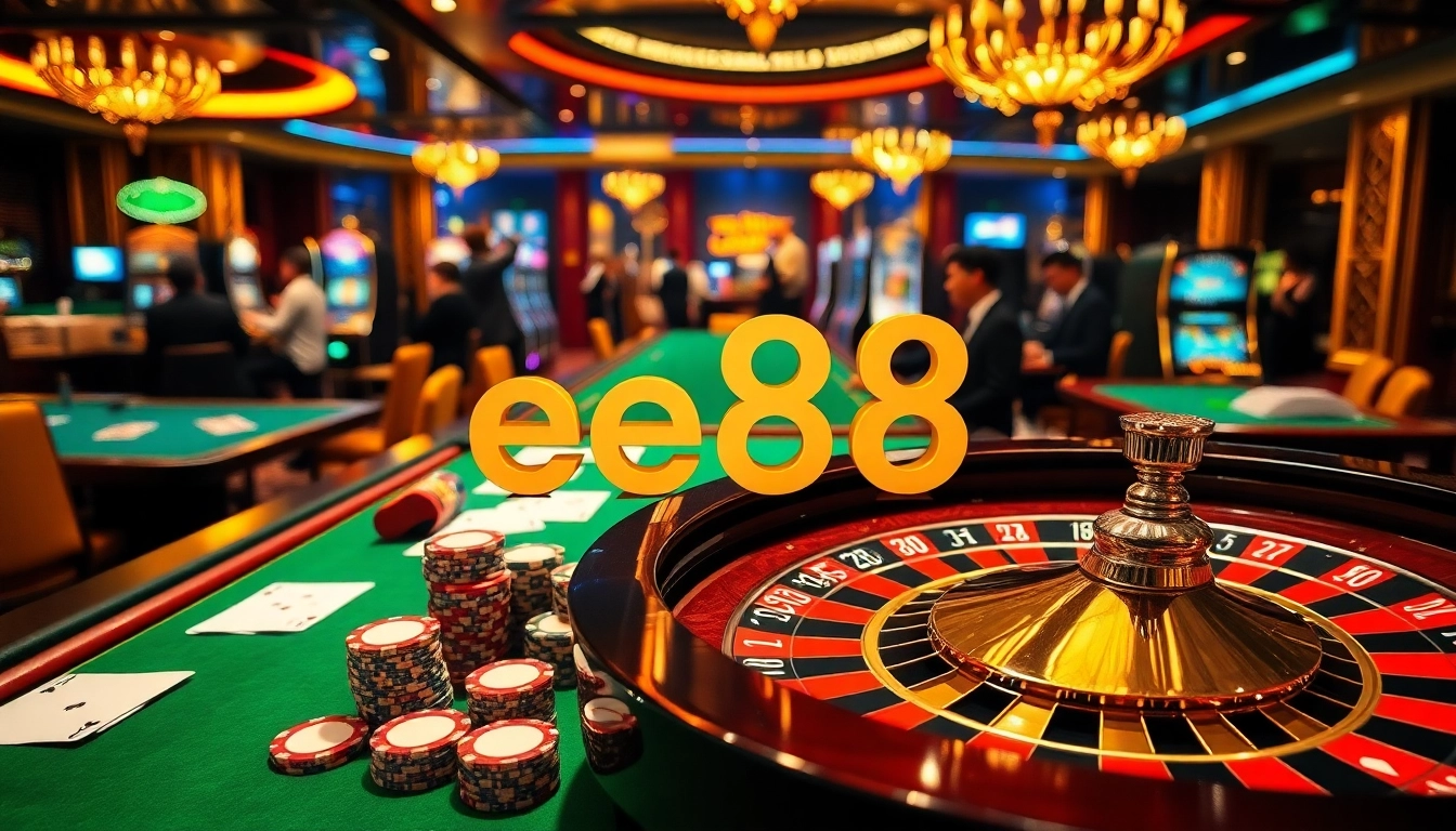 Exciting casino scene highlighting ee88 with roulette wheel and vibrant gaming elements.