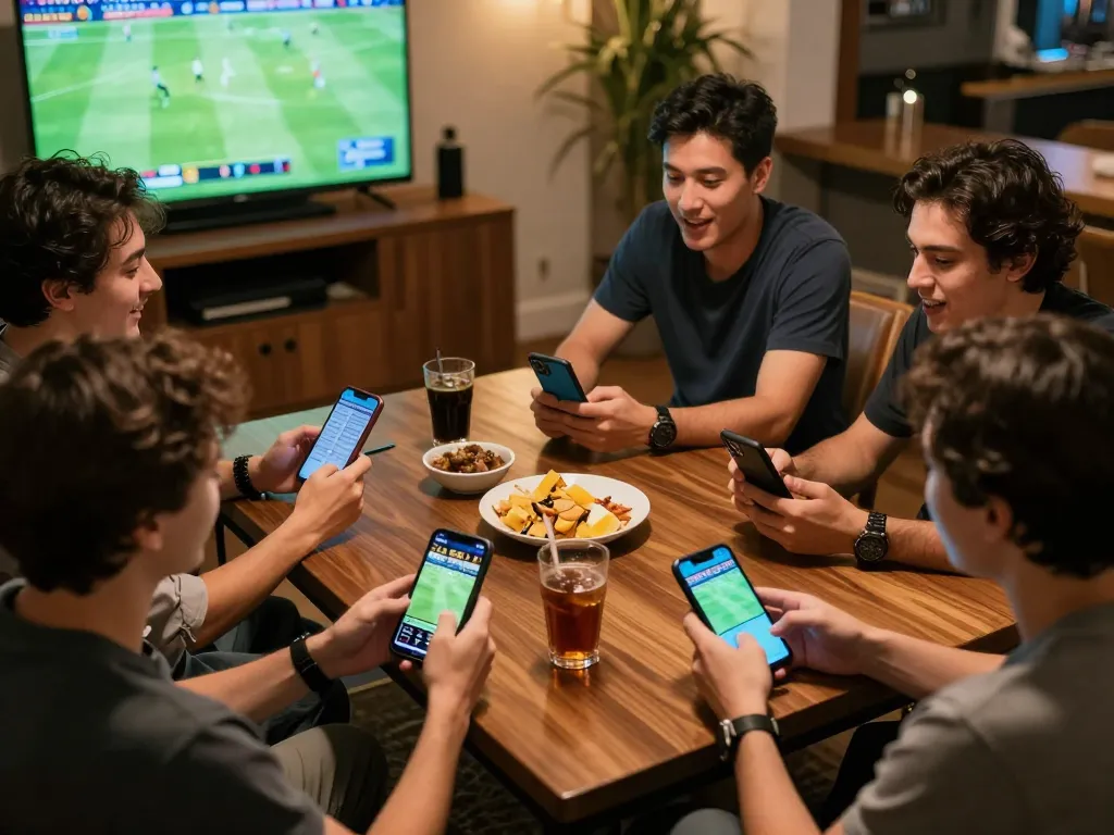 Friends engaging in soccerbetting using apps during an exciting match night at home