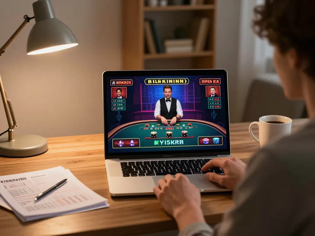 Engaging in Vivu88 uy tín online casino gaming in a cozy home office setup.