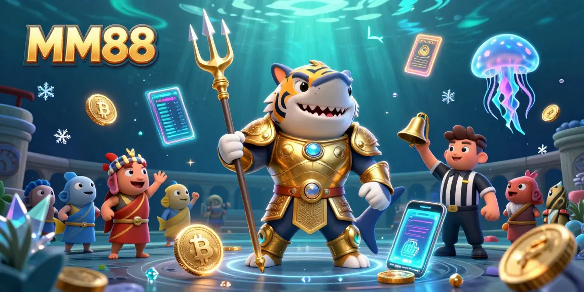 Engage in exciting slots with MM88 while surrounded by vibrant gaming elements and a dynamic underwater scene.