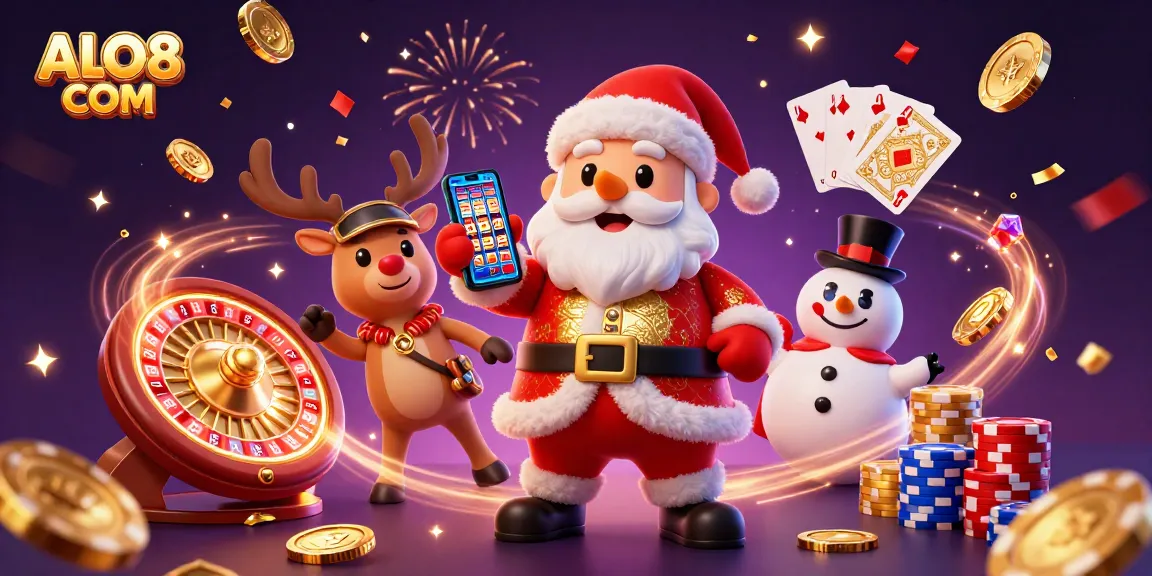 Win big at ALO8 COM with a festive casino scene featuring Santa and friends celebrating jackpots.