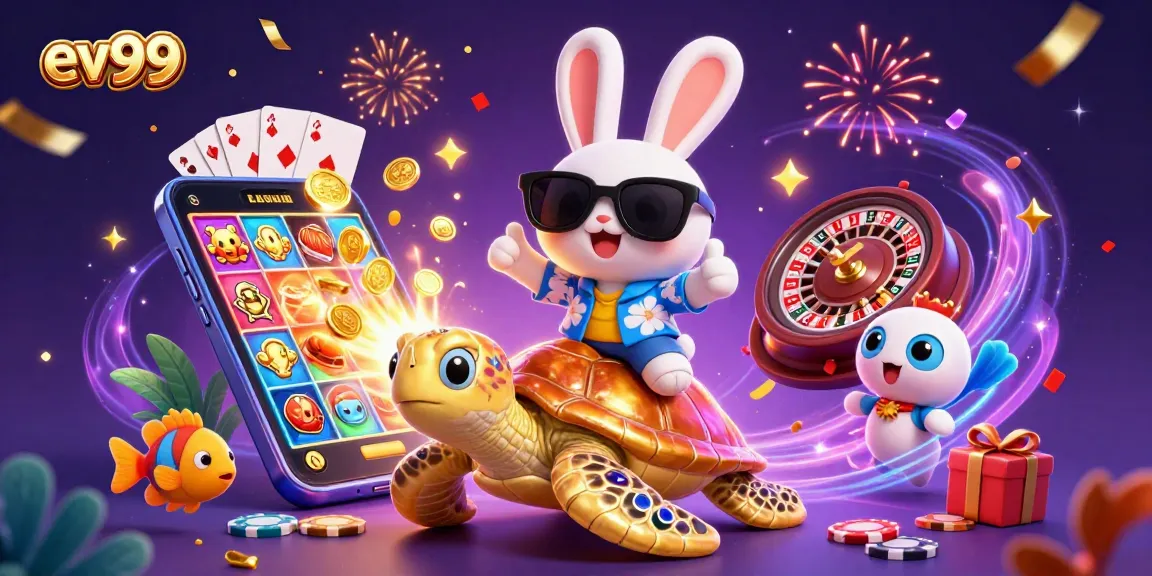 Enjoy thrilling gameplay at ev99 with a lucky rabbit and golden turtle in a vibrant casino scene!