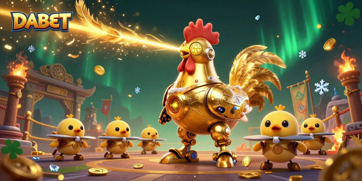 DABET's energetic scene showcases a golden robot and baby chick drones in a vibrant casino arena.