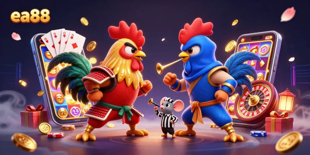 Engage in thrilling action with ea88's vibrant 3D cartoon illustration of roosters in epic standoff enriched with casino elements.