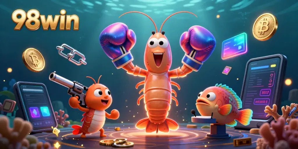 Engage in the thrilling atmosphere of 98win with vibrant 3D characters amid cryptocurrency elements illustrating online gambling excitement.