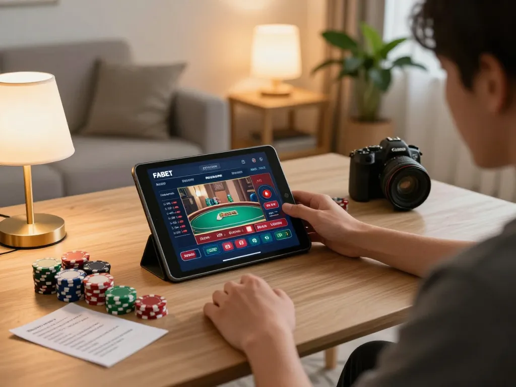 Player engaging with FABET online casino on tablet while reviewing betting strategies at home