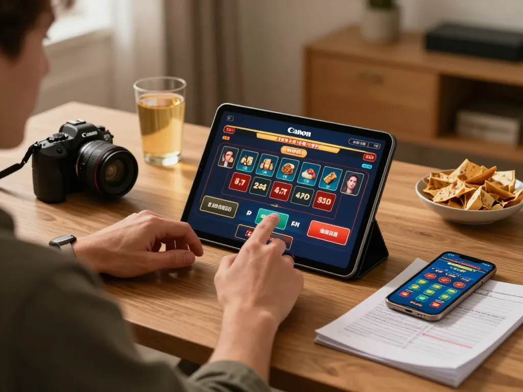 Player enjoying 99WIN online casino on tablet, showcasing live games with snacks in cozy home setting.