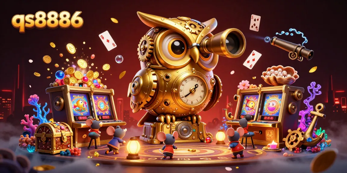 Play on qs8886 with a golden owl overseeing a vibrant casino floor filled with treasure!