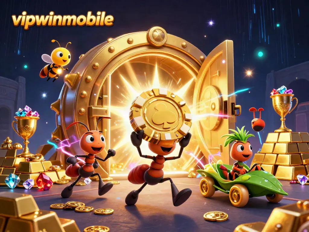 Experience a thrilling heist in vipwinmobile with lively ants carrying a giant poker chip amidst treasure and glowing gems.