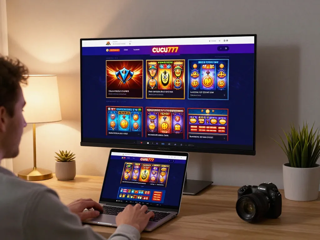 Engaging player enjoying cucu777 online casino gaming on laptop, showcasing vibrant game selection