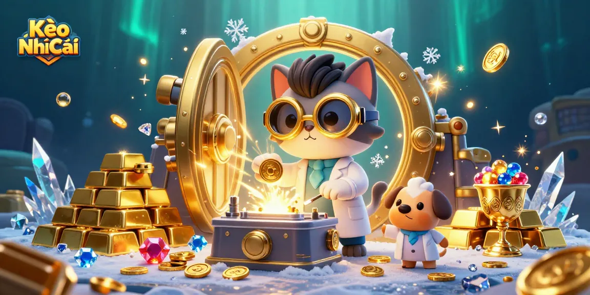Kèo Nhà Cái offers thrilling online gambling with vibrant visuals of gold coins and treasure in a fun cartoon scene.