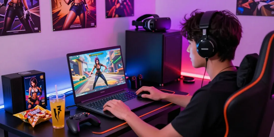 Engaged player enjoying hentai games html on a laptop with vibrant LED lights.
