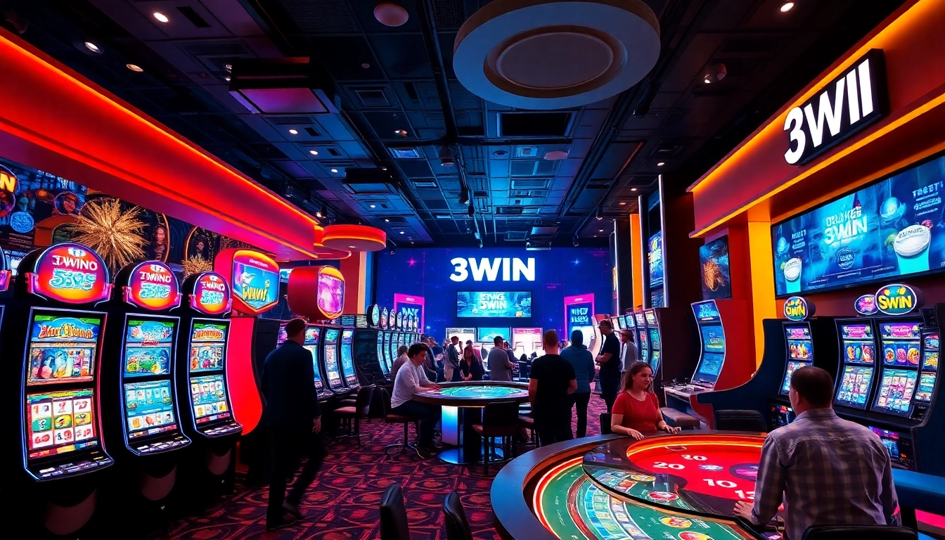 3WIN casino gaming scene with vibrant lights and excited players.