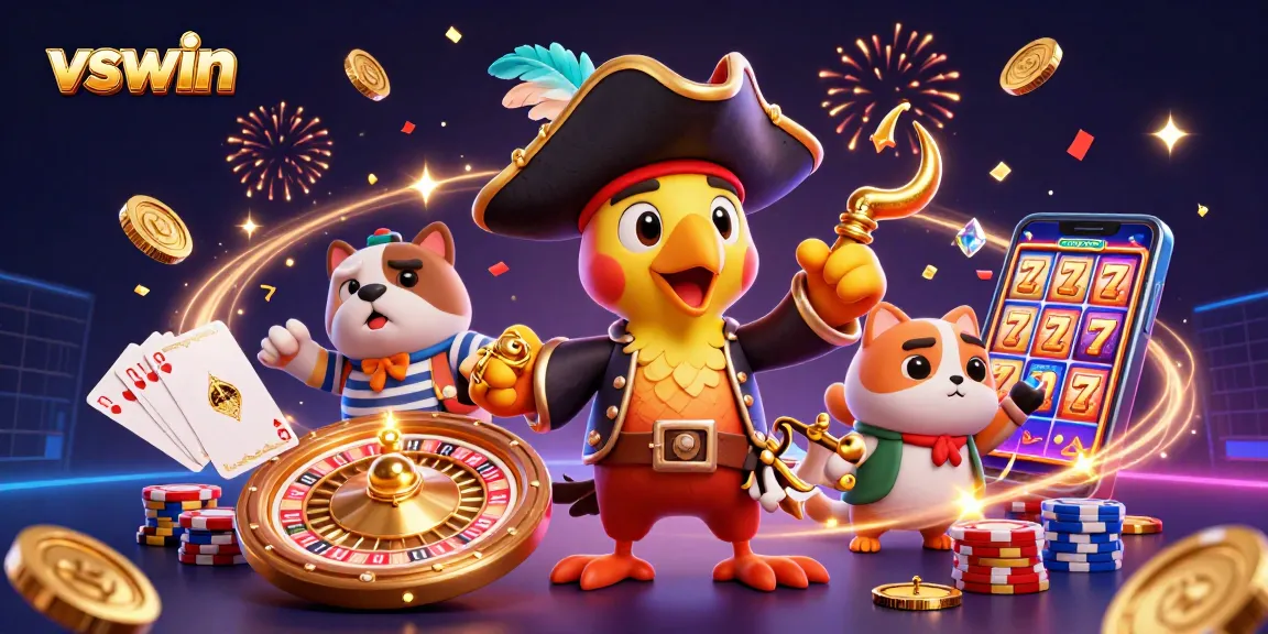 Experience thrilling gameplay with vswin's vibrant characters amidst cascading coins and gaming elements.