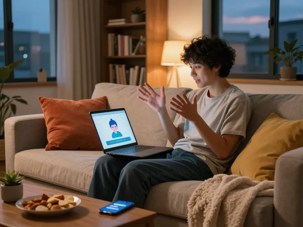 Engaging in ai sex chat on laptop in a cozy living room setting.