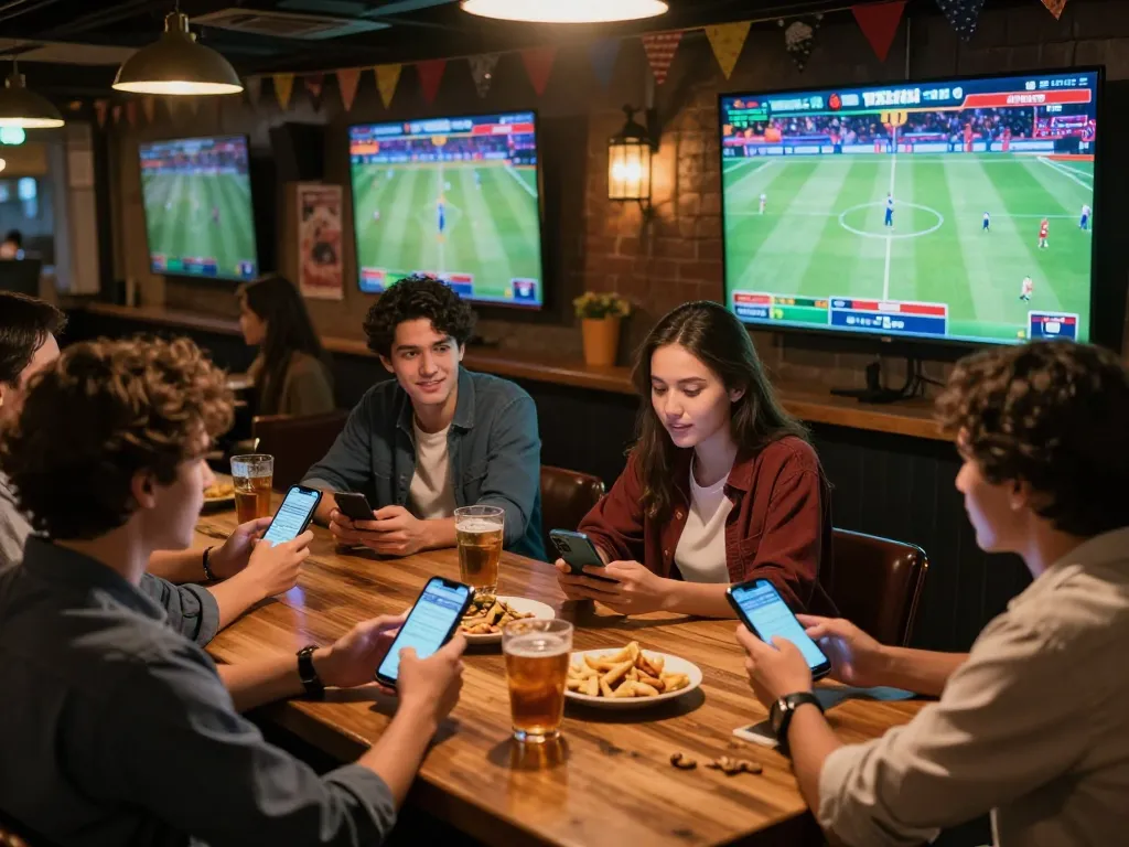 Friends engaging in sports betting at a lively bar while monitoring ty-le-keo on their smartphones.