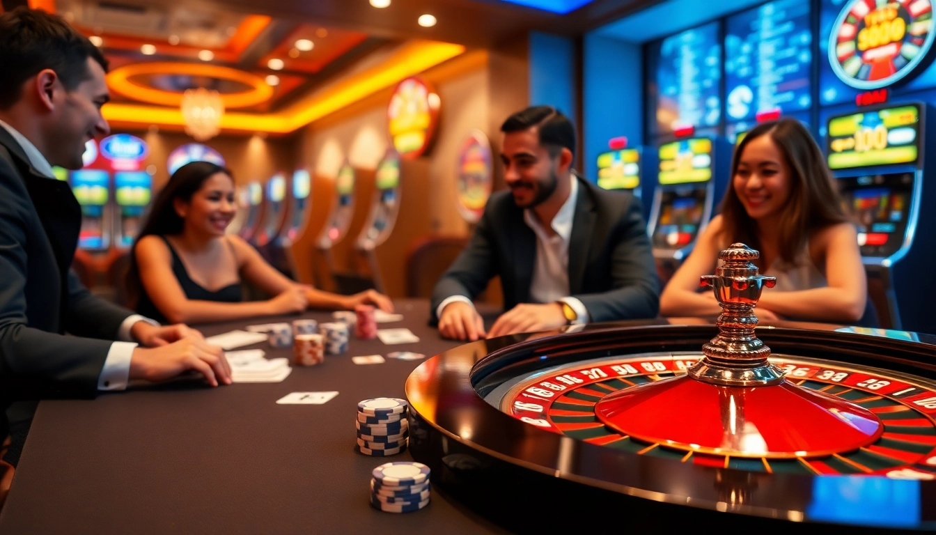 Excited players enjoying a TT88 gaming experience with poker chips and cards at a vibrant casino.