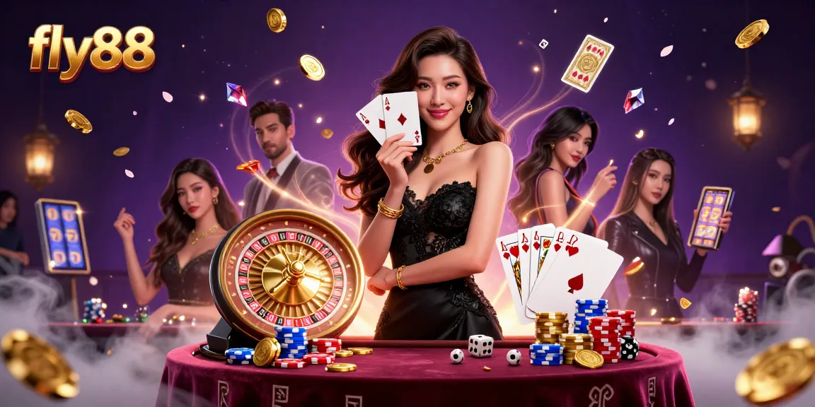 Experience the thrilling ambiance of fly88, with a captivating Asian lady showcasing casino elegance and excitement.