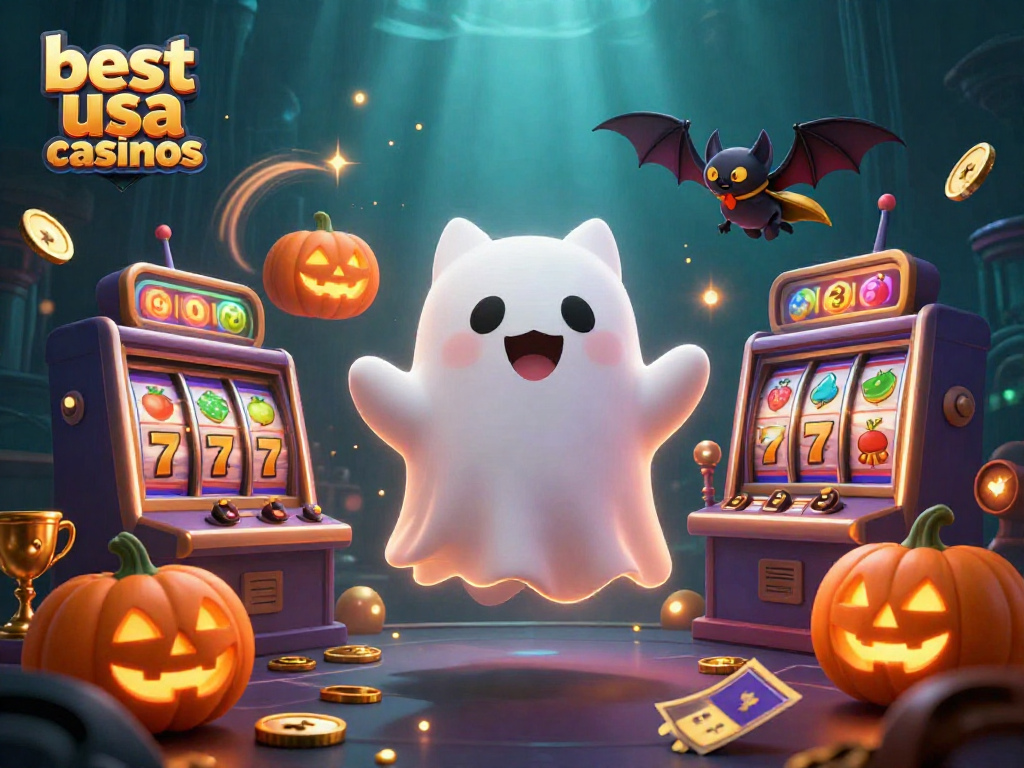 Winning at best USA casinos with a ghost cat and vampire bat in a vibrant casino scene filled with slot elements.