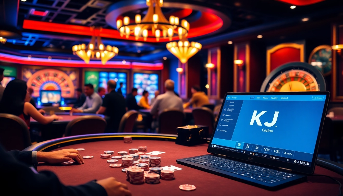 KJC poker players strategizing at a high-stakes table in a luxurious casino setting.