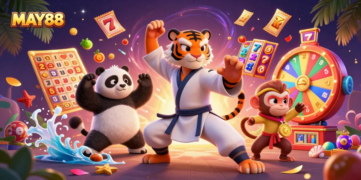 MAY88 captures excitement with 3D cartoon characters immersed in vibrant slot games and dynamic prize elements.