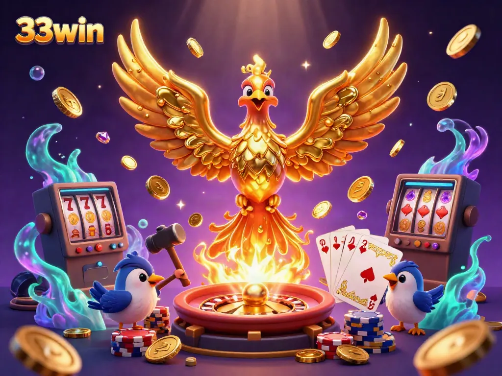 Engage with the vibrant 33win fantasy casino scene featuring a molten golden phoenix and sparkling elements.