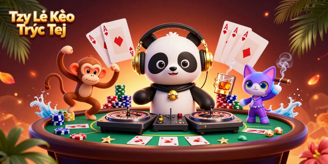 Tỷ Lệ Kèo Trực Tiếp showcases a vibrant casino scene with DJ panda and breakdancing monkey.
