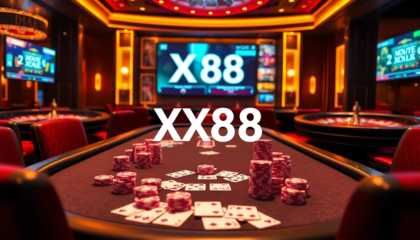 Experience thrilling gaming action at XX88 with poker chips, cards, and roulette.