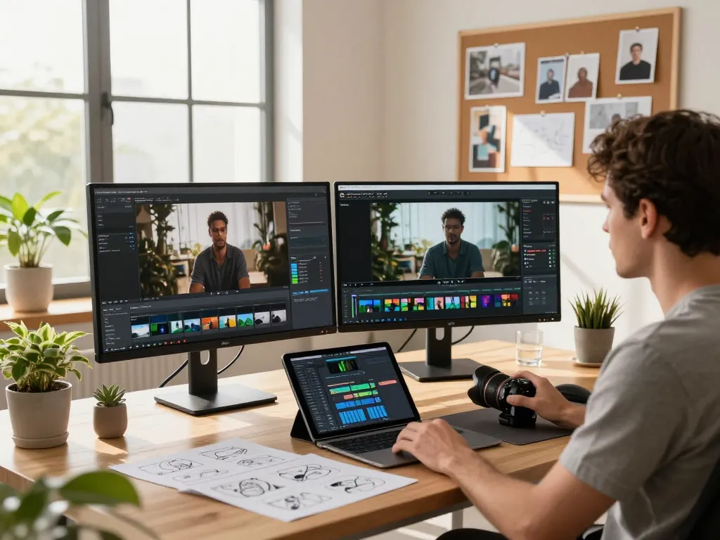 Content creator using Seedance 2.0 for AI video production in a modern workspace.