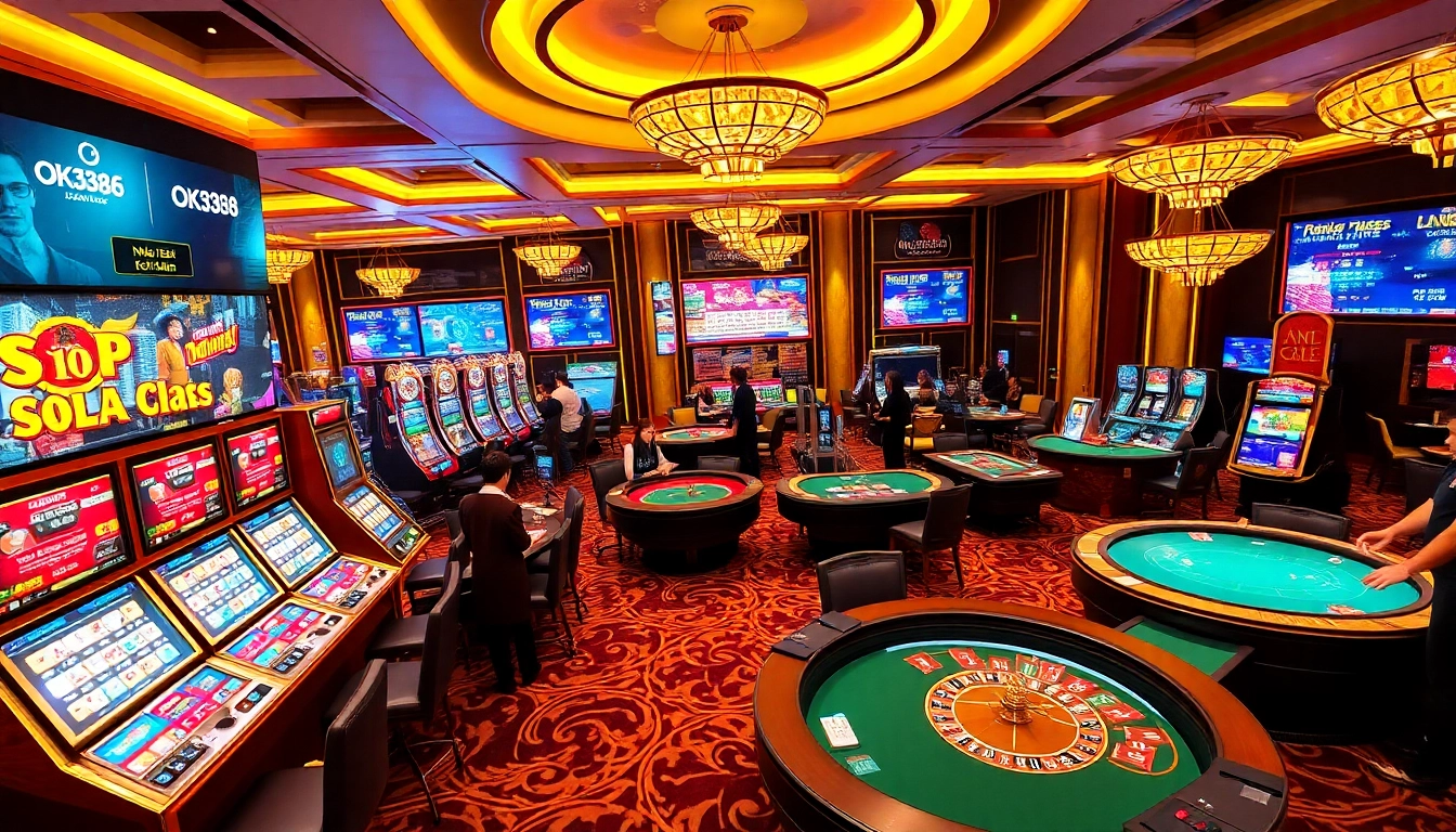 Players enjoying a thrilling game environment at nhà cái OK8386 casino, showcasing excitement and luxury.