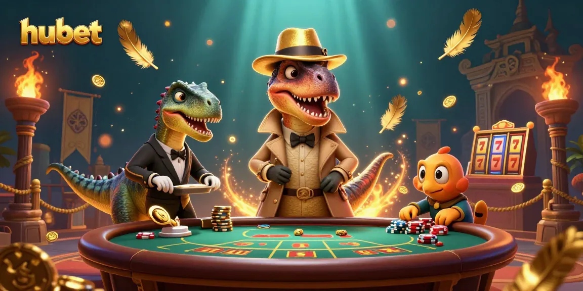 Experience thrilling hubet games with a playful velociraptor and fun casino elements.