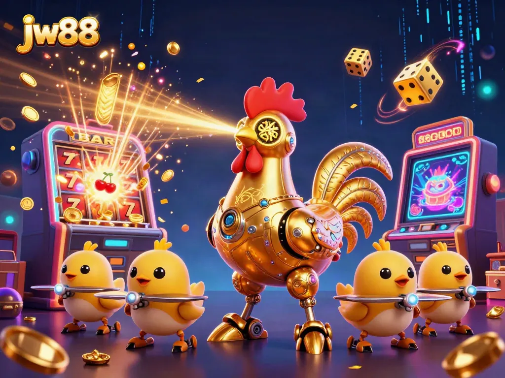 Engage the excitement of jw88 with a golden rooster robot and vibrant casino elements.