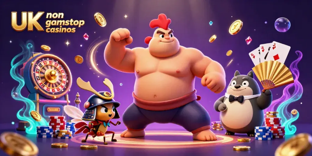 Engaging scene depicting UK non gamstop casinos with a powerful sumo rooster and dynamic gaming elements.