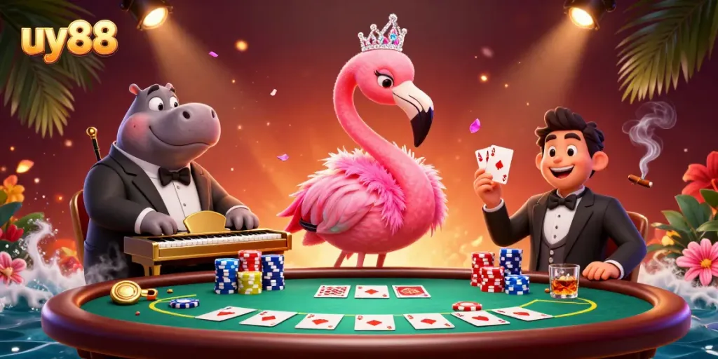 Engage with the vibrant atmosphere at uy88 featuring a lounge singer flamingo and a bassist hippo.