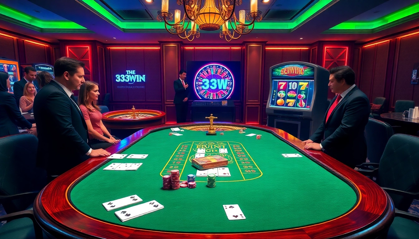Engaged gamblers playing poker with chips and cards at 33WIN, showcasing excitement and professional casino atmosphere.