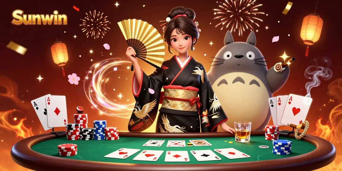 Win big with Sunwin, showcasing an elegant poker scene filled with vibrant characters and dynamic game elements.