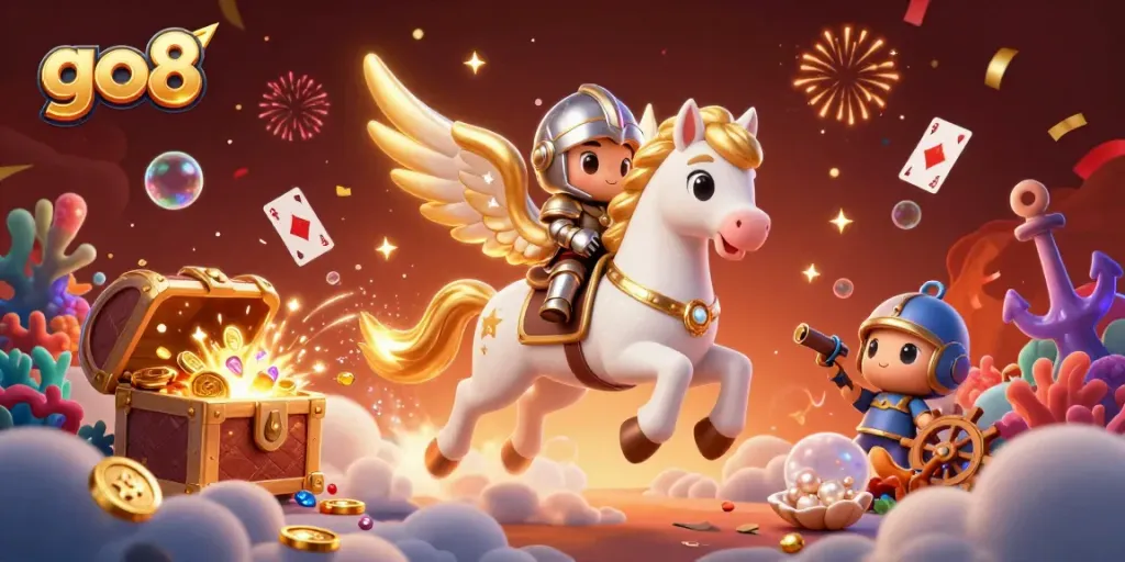 Experience thrilling gaming at go8, where a celestial horse and knight ride through a world of treasure and excitement.