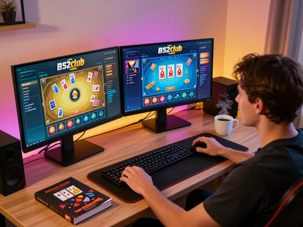 B52 club gaming interface displayed on dual monitors with enthusiastic player engaging in online gambling.