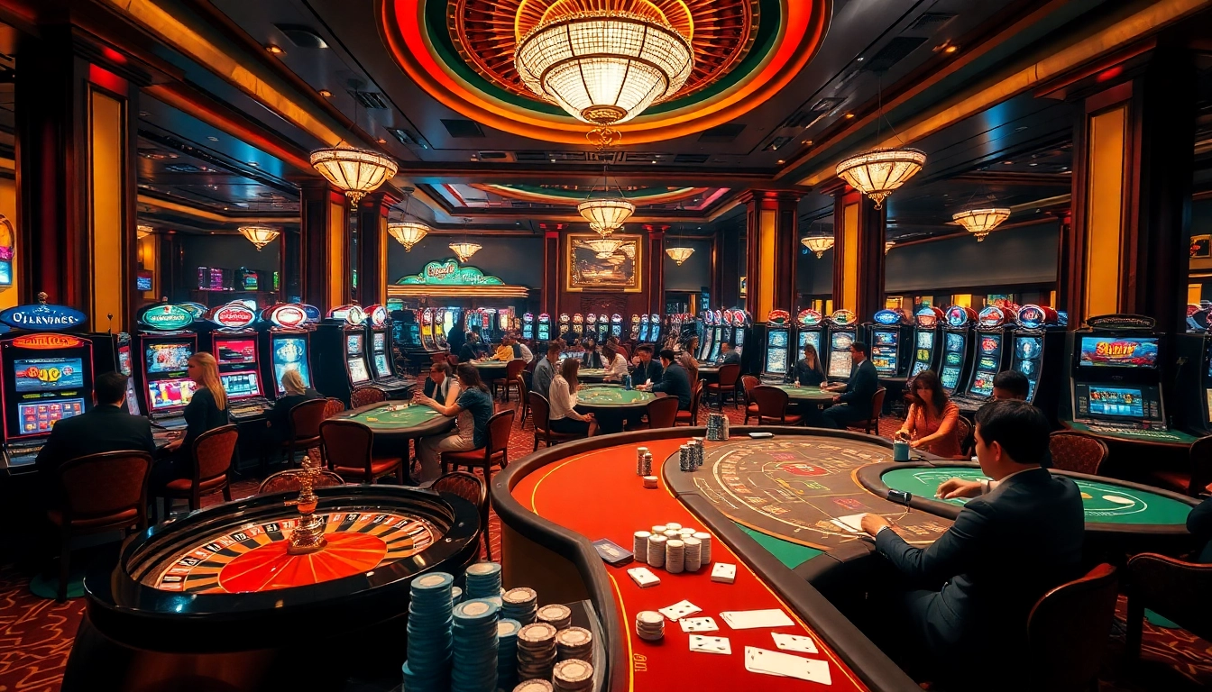 Exciting gambling scene reflecting nhà cái uy tín with vibrant casino tables and eager players.