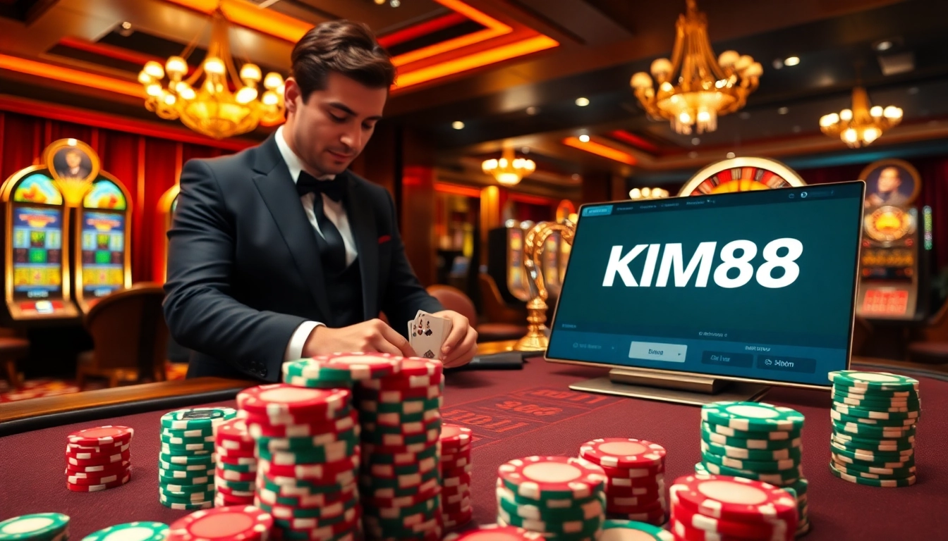 KIM88 showcasing an upscale poker table surrounded by vibrant slot machines and roulette wheels.