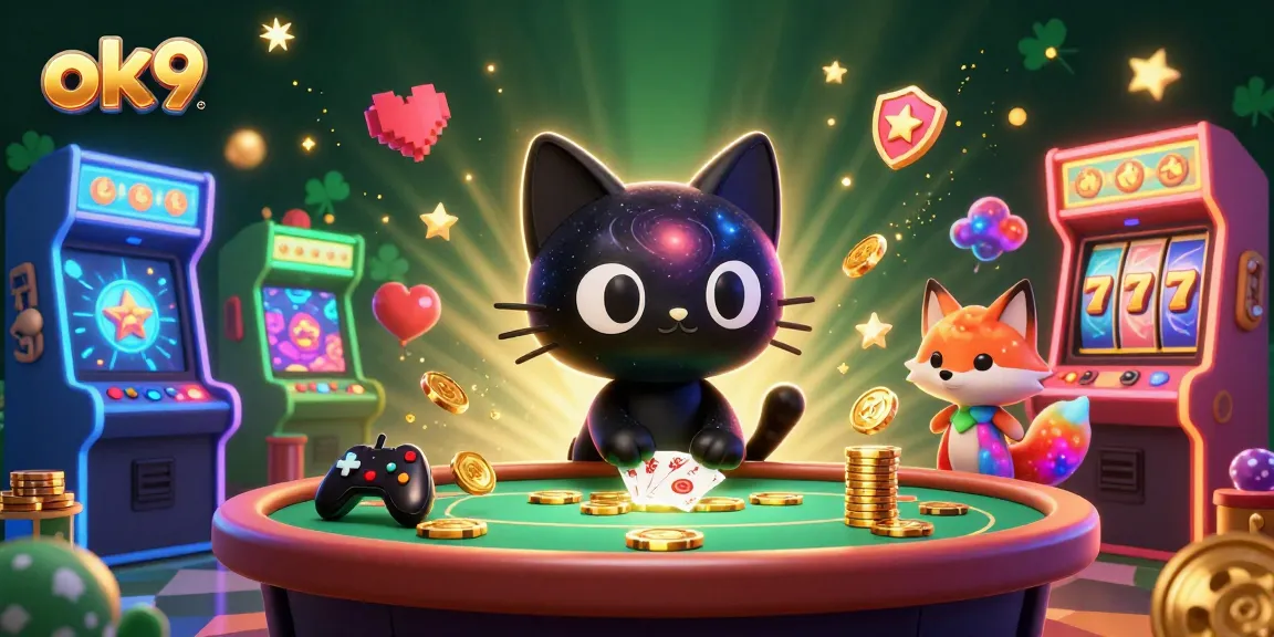 Engage with exciting casino action at ok9, featuring a whimsical black hole cat and colorful gas cloud fox.