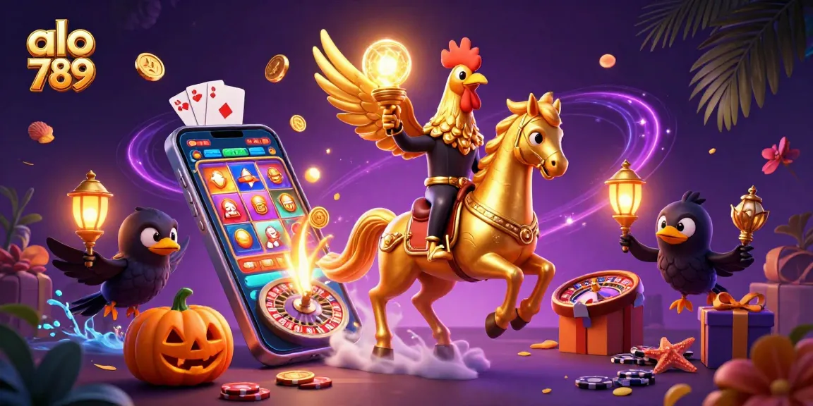 A golden rooster representing alo 789 gambles exuberantly in a magical casino, highlighted by dynamic game elements.