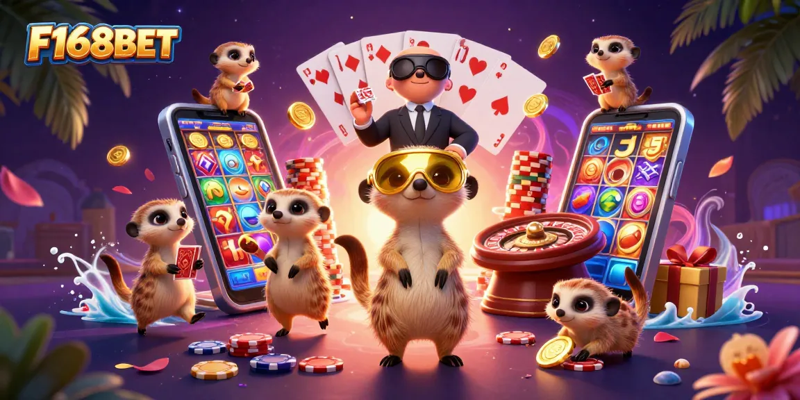 Experience thrilling casino action with F168BET's engaging meerkat characters in this vibrant illustration.