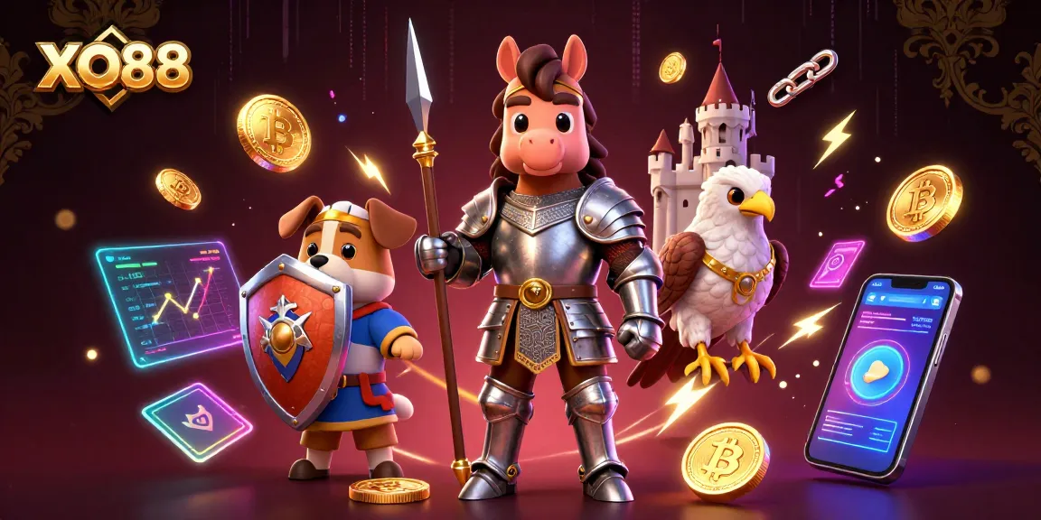 Win exciting rewards at XO88 with a vibrant casino-themed digital illustration of a knight, puppy, and falcon amidst cryptocurrencies.